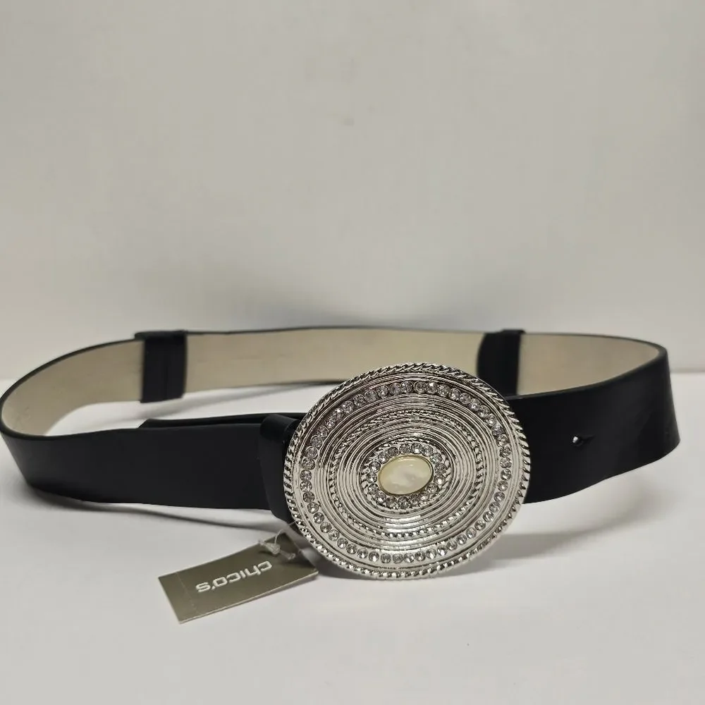 Chico's Black Embellished Boho Belt Rhinestones Buckle Size S/M Adjustable NWT